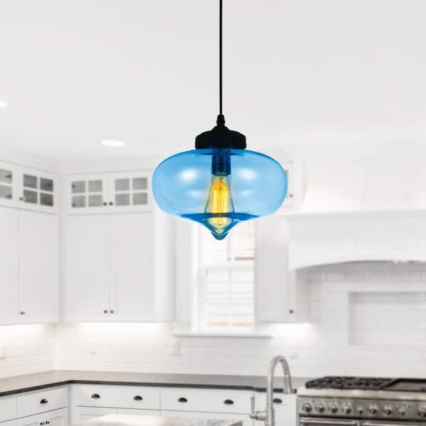 Glass 1 Light Black Down Mini Pendant with Blue Glass Shade