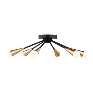 Clive 25 in 6-Light Satin Brass Sputnik Semi-Flush Mount Ceiling Light with Black Sccents