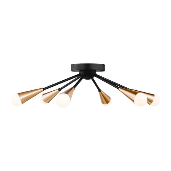 Generation Lighting Clive 25 in 6-Light Satin Brass Sputnik Semi-Flush Mount Ceiling Light with Black Sccents