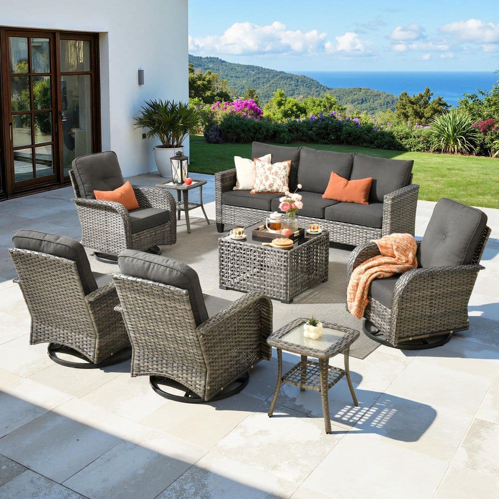 Venia 8-Piece Outdoor Wicker Patio Conversation Set with Rocking Chairs and Black Cushion price history on PriceWatchPro