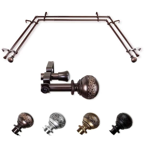 EMOH 13/16" Dia Adjustable 20"-36", 38"-72" Bay Window Double Curtain Rod with Douglas Finials in Cocoa
