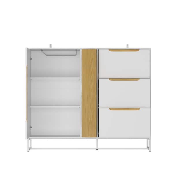 FUFU&GAGA White 39.6 in. Height Wooden Storage Cabinet, Food Pantry, Sideboard with 4-Drawers, Glass Rack and 3-Shelves
