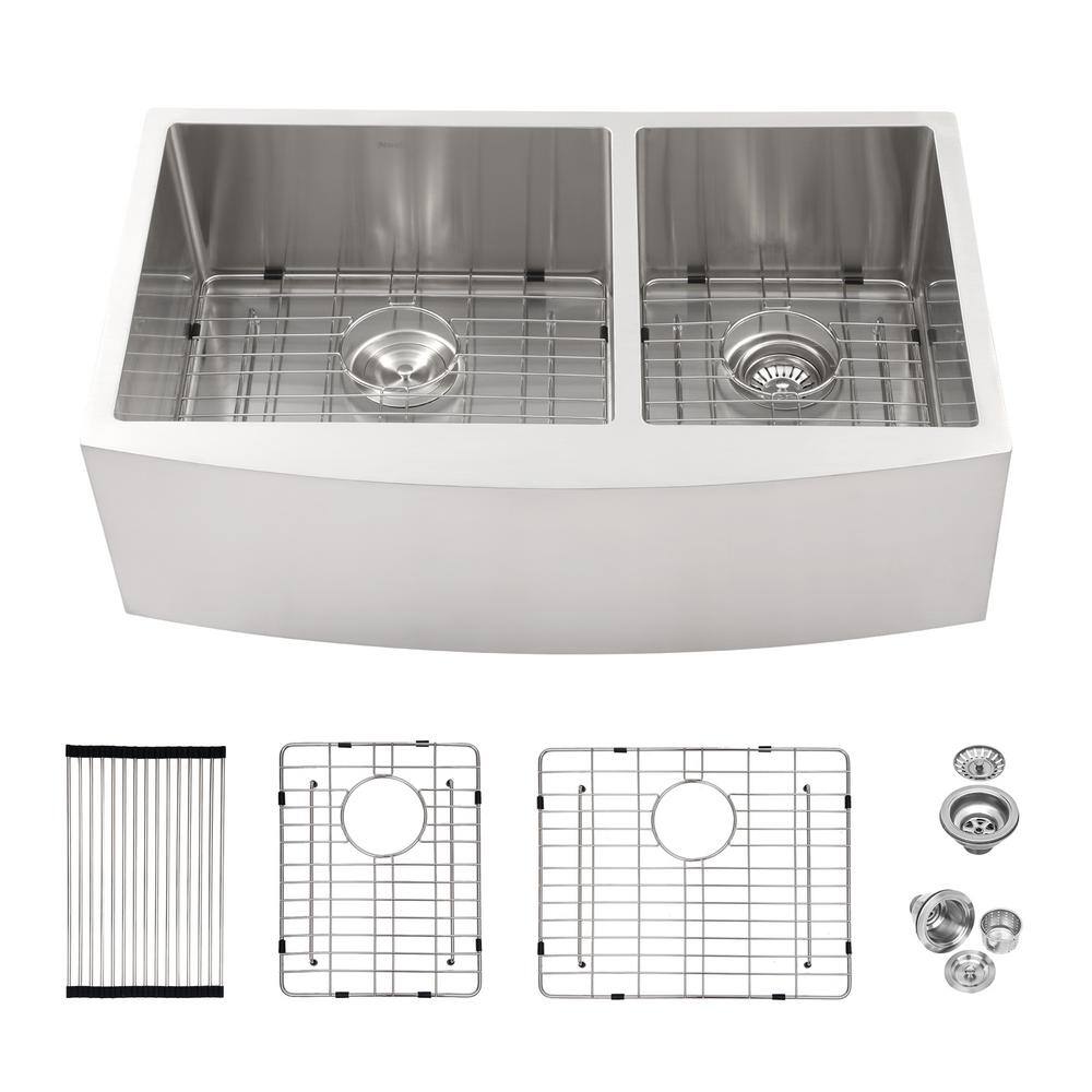 Lod 33 in. Farmhouse/Apron-Front Double Bowl (60/40) Brushed Nickel Stainless Steel Kitchen sink with Two 10"" Deep Basin -  stufurhome, YBX-W1243122100