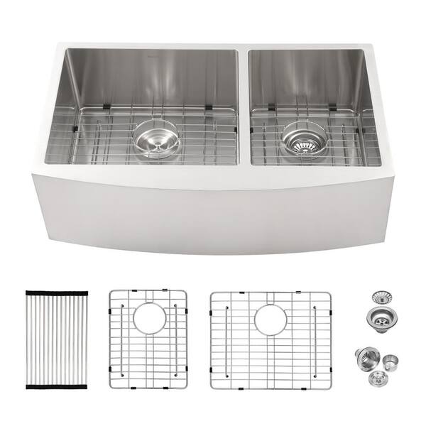 stufurhome Lod 33 in. Farmhouse/Apron-Front Double Bowl (60/40) Brushed Nickel Stainless Steel Kitchen sink with Two 10" Deep Basin