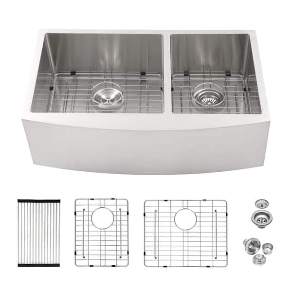 stufurhome Lod 33 in. Farmhouse/Apron-Front Double Bowl (60/40) Brushed Nickel Stainless Steel Kitchen sink with Two 10" Deep Basin