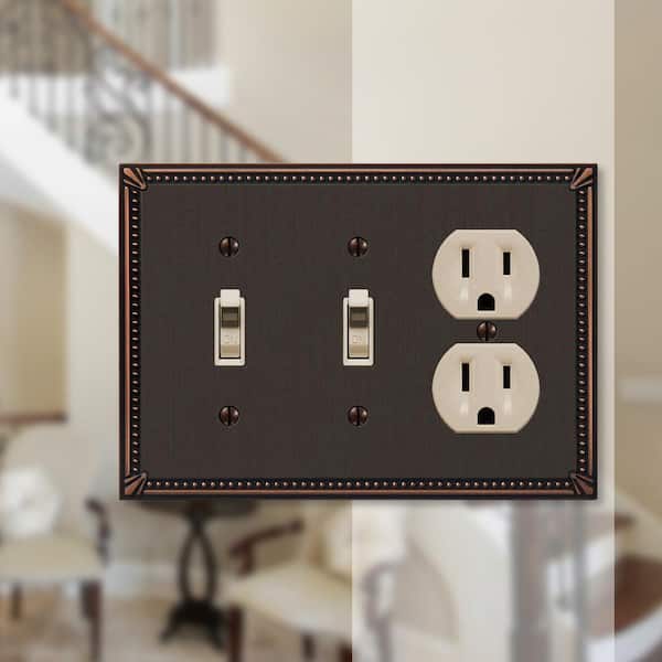 Imperial Bead 3 Gang 2-Toggle and 1-Duplex Metal Wall Plate - Aged Bronze