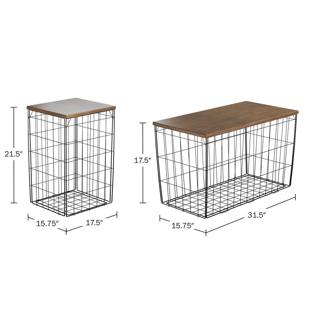 Brown Woodgrain and Black Metal Basket Storage Table Set