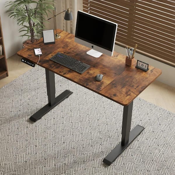 Lorinda 48 in. Brown Electric Adjustable Height Standing Desk with Wood Tabletop, Metal Legs, Double Beam