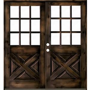 64 in. x 80 in. Knotty Alder 2-Panel Right-Hand/Inswing 1/2 Lite Clear Glass Black Stain Double Wood Prehung Front Door