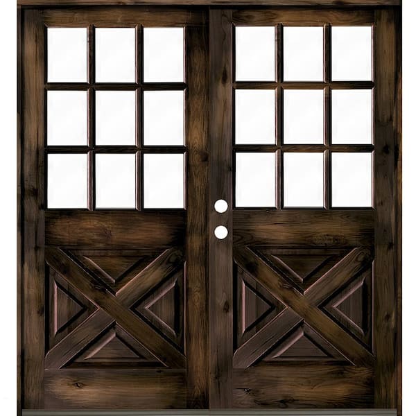 Krosswood Doors 64 in. x 80 in. Knotty Alder 2-Panel Right-Hand/Inswing 1/2 Lite Clear Glass Black Stain Double Wood Prehung Front Door