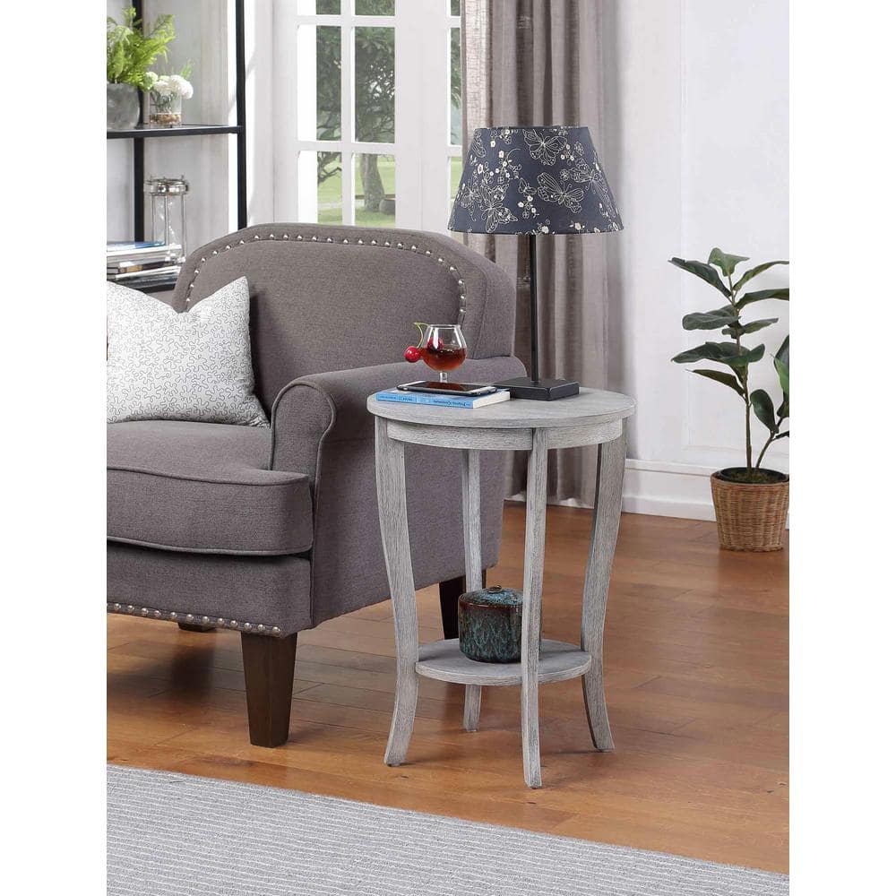 Light Gray Round Wood End Table with Shelf