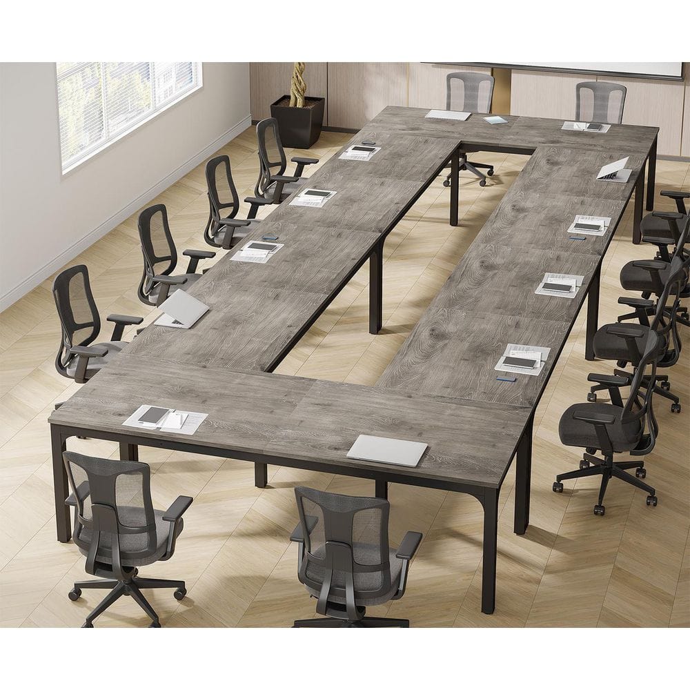 Moroni 78.7 in. Gray & Black Wood Computer Desk, Rectangular Conference Table Seminar Table for 6-8 People, 6PCS