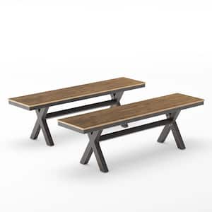 60 in.Alu Recycled Plastic Wood Outdoor Patio Benches X-Leg Dining Benches for Patio Garden Backyard-Brown(Set of 2)