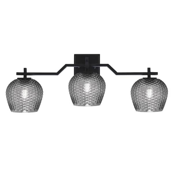 Unbranded Bridgewater 27 in. 3 Light Vanity Light Matte Black with 6 in. Smoke Textured Glass Shades, No Bulbs Included