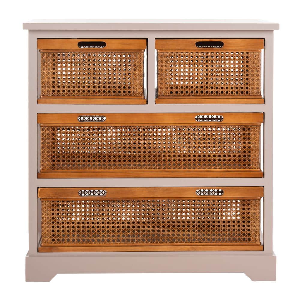 Transitional White Pine 4-Drawer Storage Cabinet with Cane Baskets
