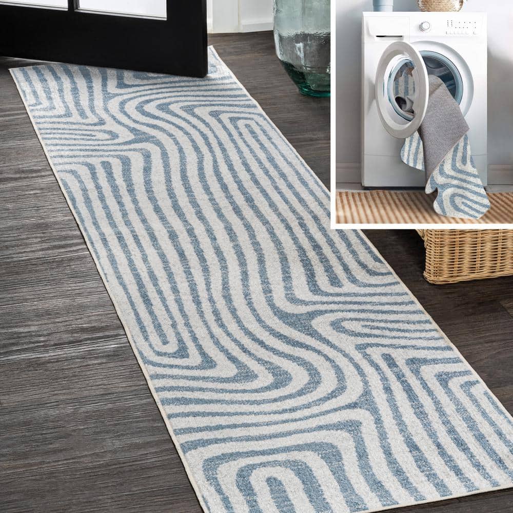 Blue and Cream Abstract Machine-Washable Runner Rug