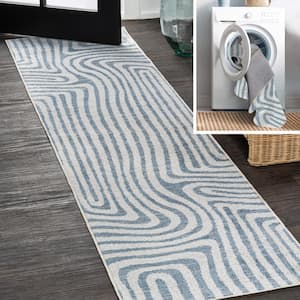 Maze Abstract Two-Tone Low-Pile Machine-Washable Blue/Cream 2 ft. x 8 ft. Runner Rug