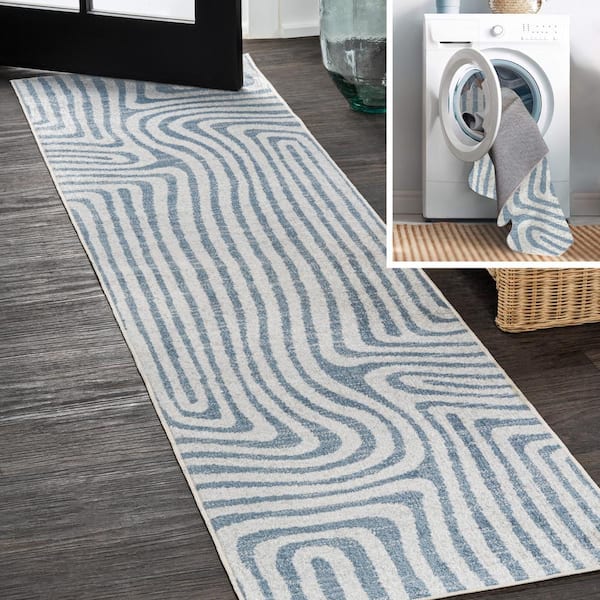 JONATHAN Y Maze Abstract Two-Tone Low-Pile Machine-Washable Blue/Cream 2 ft. x 8 ft. Runner Rug
