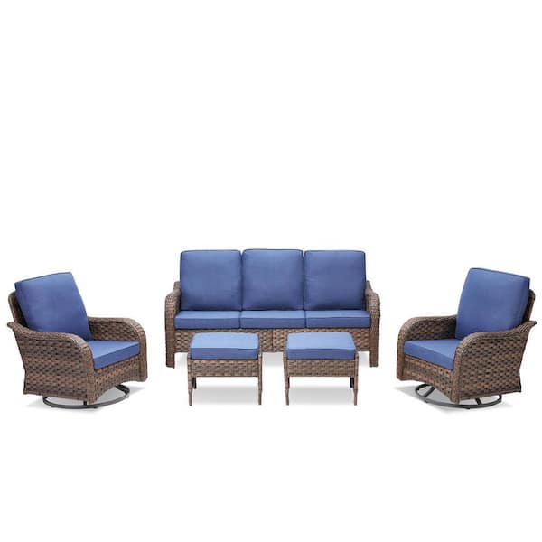 5-Piece Wicker Patio Conversation Set, Ergonomics Outdoor Chairs with Blue Cushions