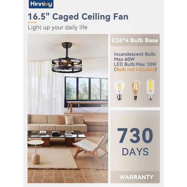 16.5 in. Indoor Black Ceiling Fan Caged Ceiling Fan with Lights and Remote Industrial Enclosed Ceiling Fan