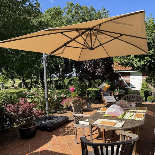 9 ft. x 11.5 ft. Aluminum UV-Resistant Outdoor Cantilever Offset 360° Rotation Patio Umbrella with Base, Beige
