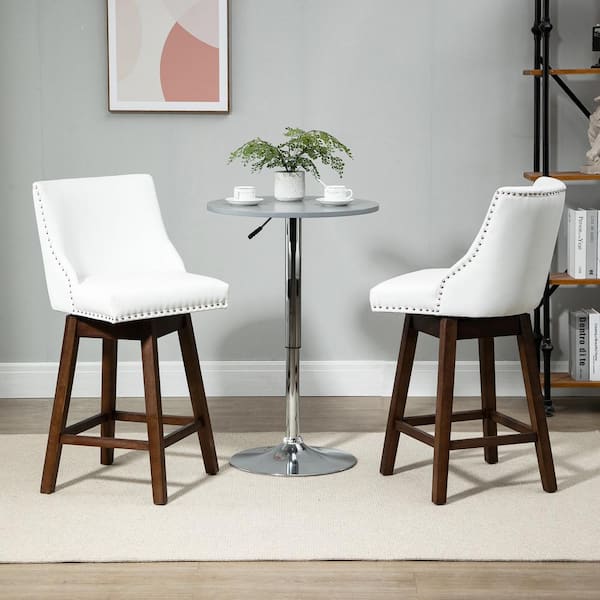 Cushioned Bar Stool, Wooden Bar Stool With White Leather Seat