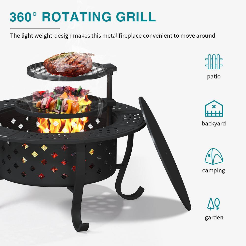 28" Black Round Wood Burning Fire Pit with Double Grill