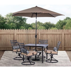 Montclair 5-Piece Steel Outdoor Dining Set with Tan Cushions, 4 Swivel Rockers, 40 in. Table and 9 ft. Umbrella