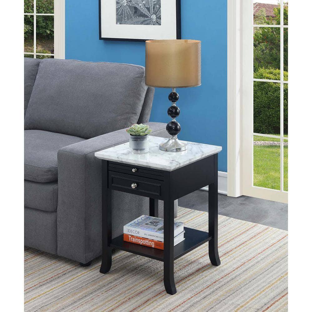 White Faux Marble and Black Wood End Table with Storage