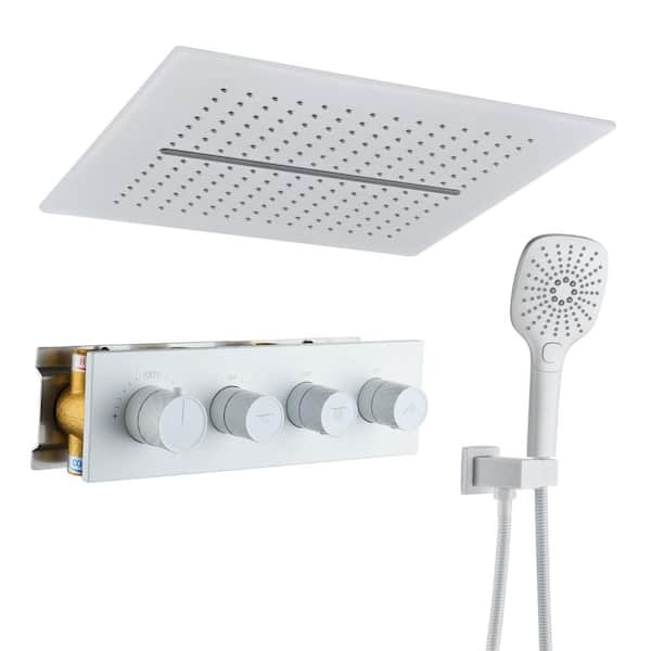 Dimakai 5-Spray 2.5 GPM 16 in. Ceiling Mount Fixed and Handheld Shower Head with Thermostatic Shower System in Matte White