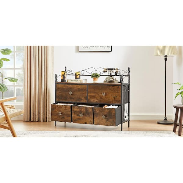 VECELO 5-Drawer Dresser 11.8 in. W Chest of Drawers Nightstand with Wood Top Rustic Storage Tower Storage Dresser Closet, Brown