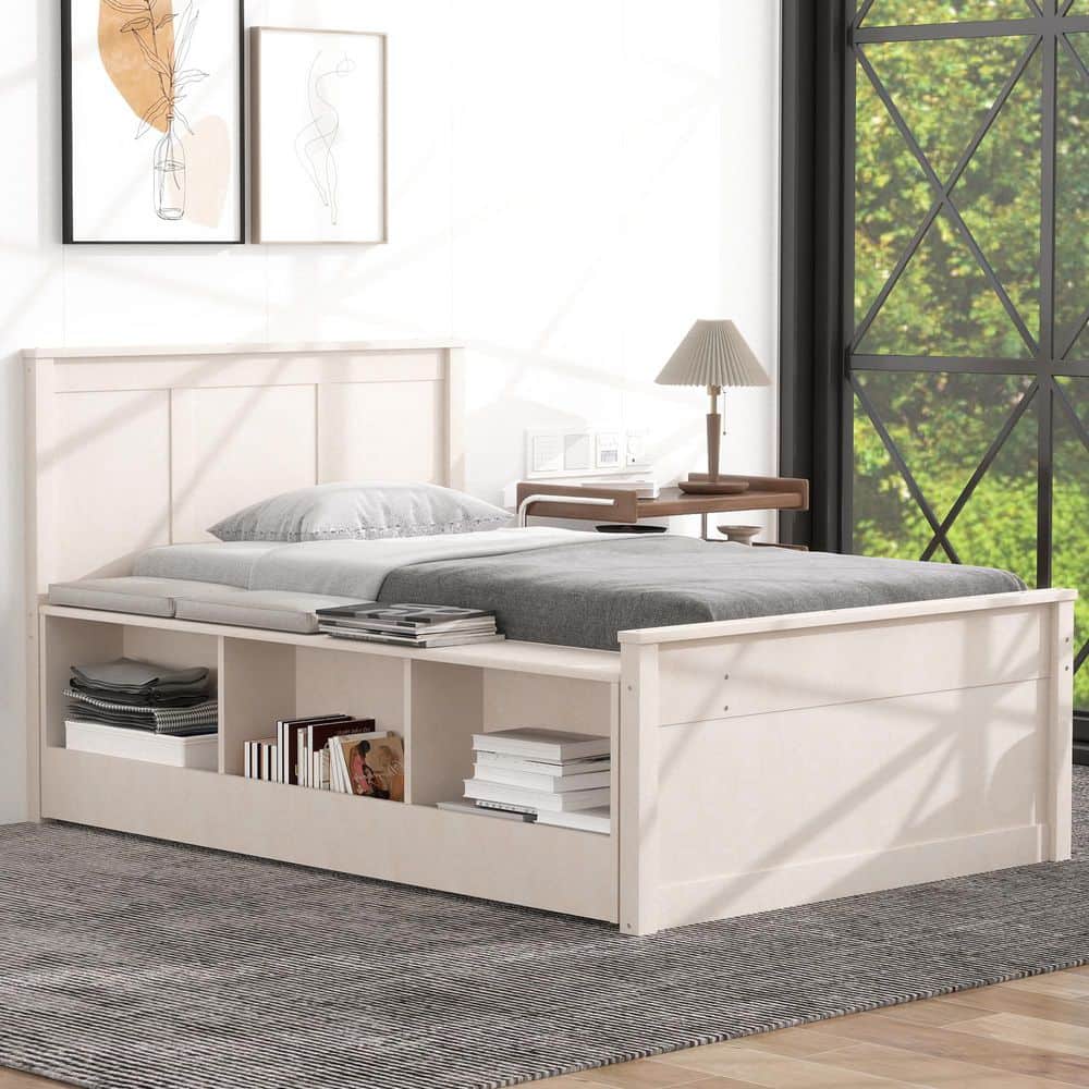 Polibi Cream White Wood Frame Twin Size Platform Bed with Pull Out