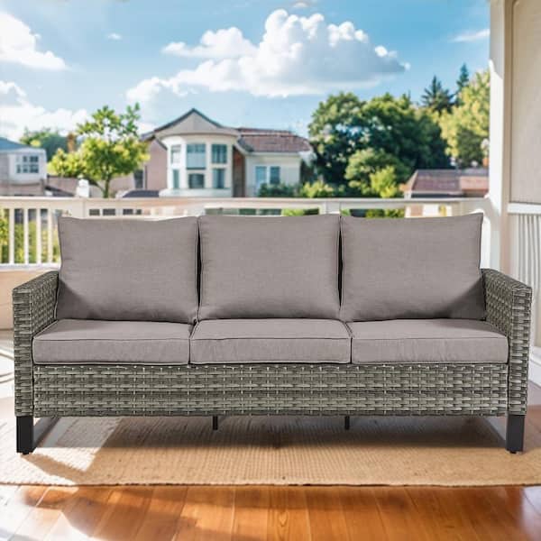 Gymojoy Valenta Gray Wicker 3-Seater Sofa Outdoor Couch with Thick Deep CushionGuard Gray Cushions