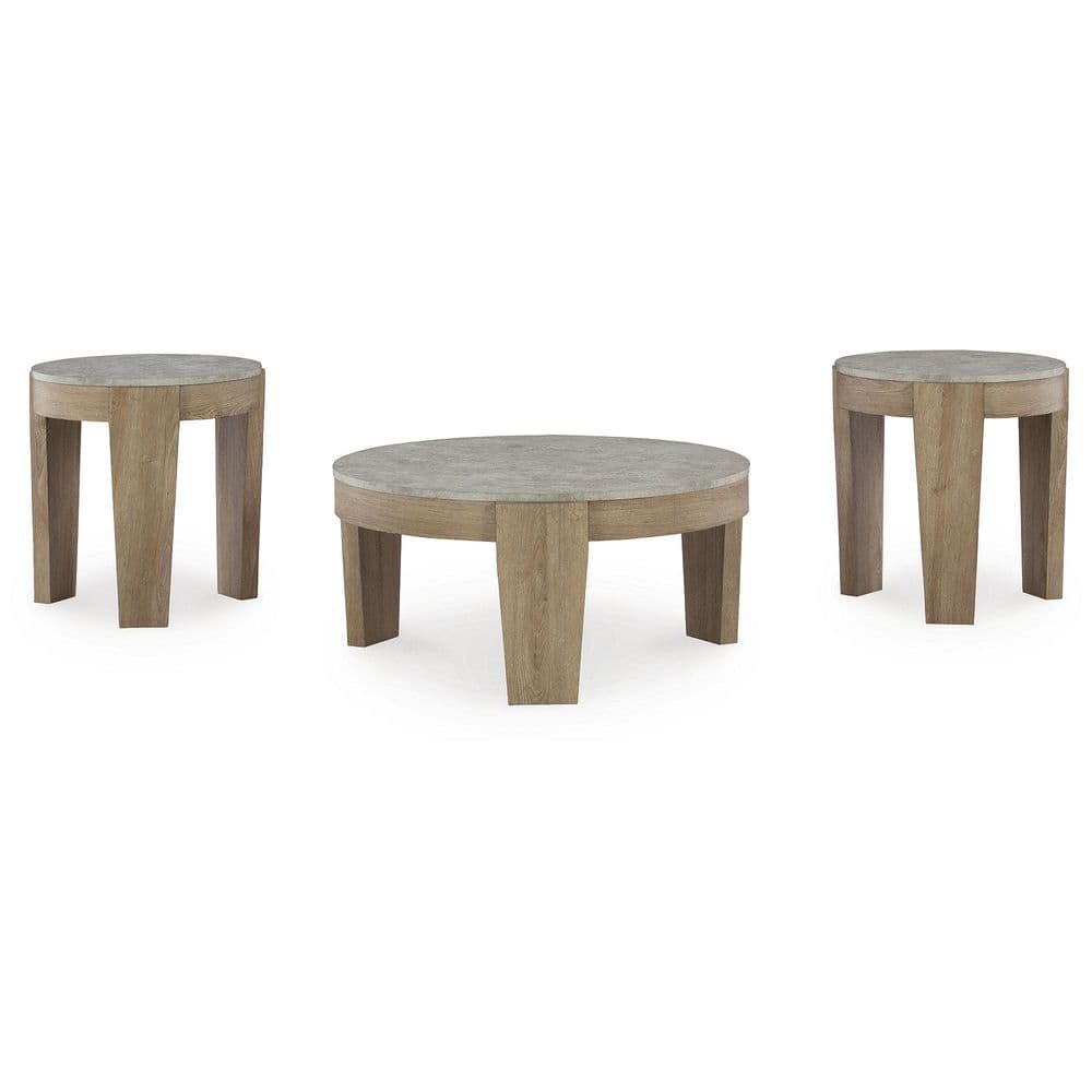 Light Brown and Gray Round Faux Cement Coffee and End Table Set