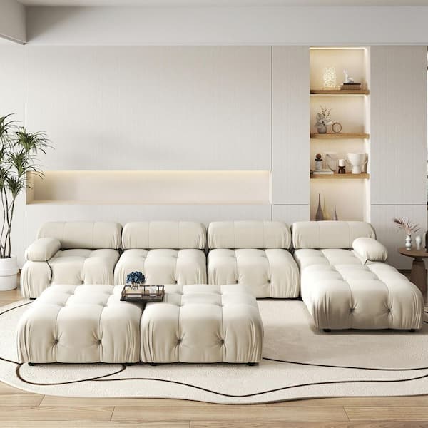 Chameleon 138 in. Square Arm 7-piece Modern Velvet Modular Combination Sectional Sofa Couch with 3 Ottomans in Beige