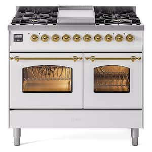 Nostalgie II 40 in. 6 Burner plus Griddle Double Oven Liquid Propane Dual Fuel Range in White with Brass