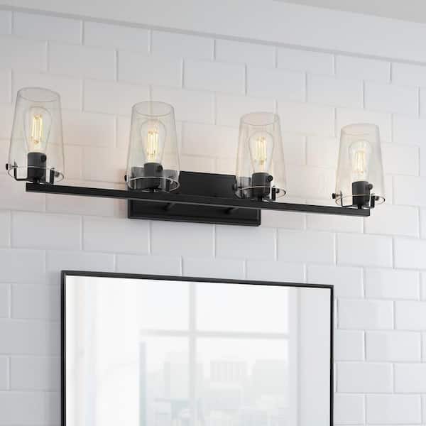 Home Decorators Collection Creek Crossing 33.75 in. 4-Light Black Industrial Bathroom Vanity Light with Clear Glass Shades
