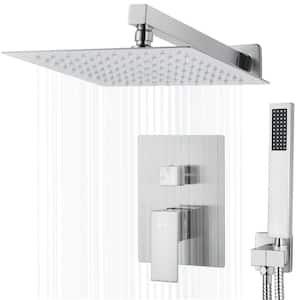 Square, wall-mounted fixed rain shower faucet, handheld shower combo, in Brushed Stainless Steel.