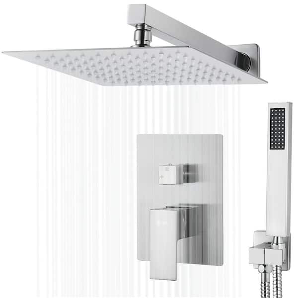AKDY Square, wall-mounted fixed rain shower faucet, handheld shower combo, in Brushed Stainless Steel.