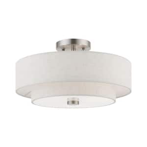 Meridian 15 in. 3-Light Brushed Nickel Semi-Flush Mount with Oatmeal Color Fabric Shade