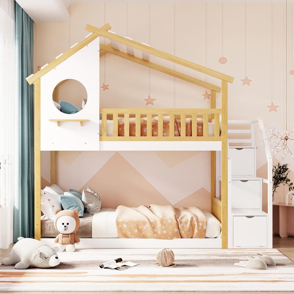 Stairway Twin-over-Twin Bunk Bed, House Bed, Storage and Guard Rail, Natural Bed +White Stair -  Polibi, RS34739K-PJ