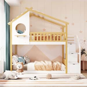 Stairway Twin-over-Twin Bunk Bed, House Bed, Storage and Guard Rail, Natural Bed +White Stair