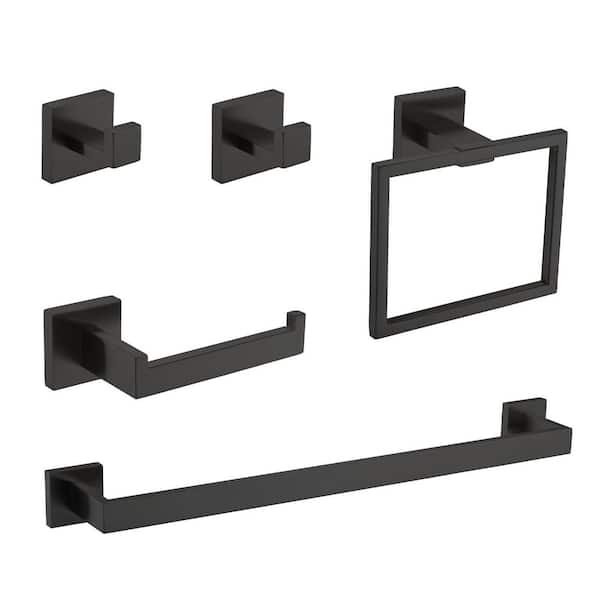 5-Piece Bathroom Towel Rack Set: Towel Bar + Ring + Hooks + TP Holder, Brushed Finish in Black