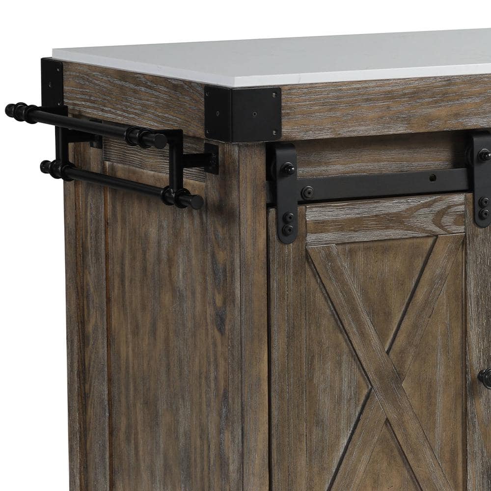 Weathered Gray Pine Kitchen Island with Marble Top