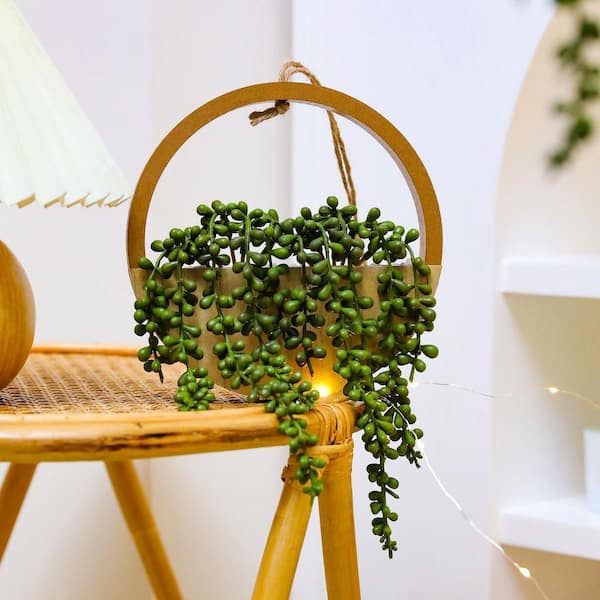 Unbranded 2-Piece 20.5 in. Artificial Succulents Hanging Plants 12.2 in.  Fake String of Pearls in Brown Pot with 8.3 in. Lanyard WK1105