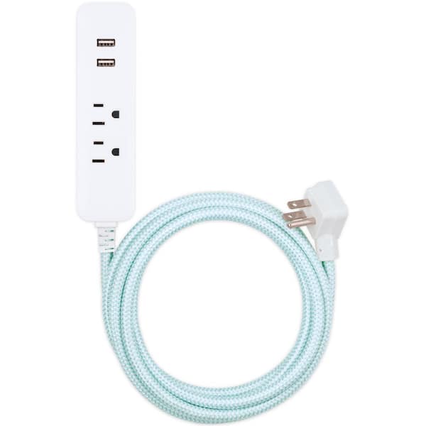 Cordinate 10 ft. 2-Outlet 2-USB Port Extension Cord Surge Protector in Mint/White