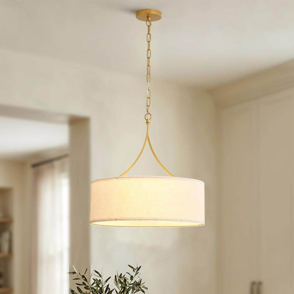 19.7 in. 3-Light Gold Fabric Pendant Light Adjustable Drum Chandelier with Fabric Shade price history on PriceWatchPro