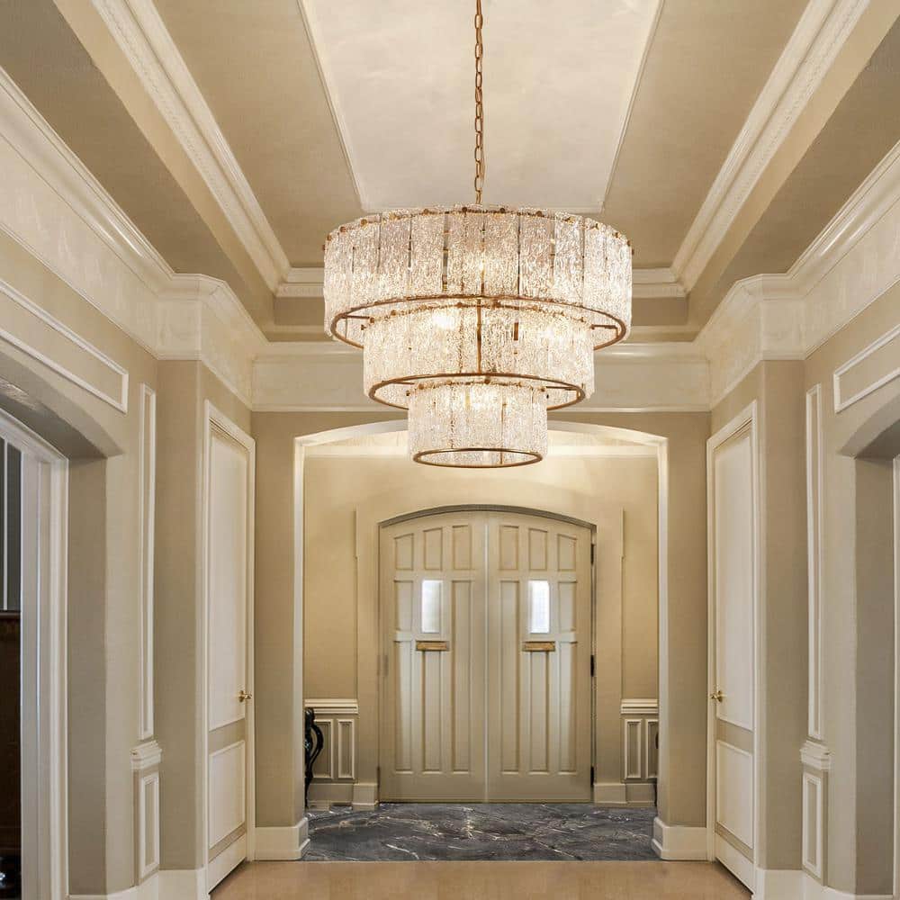 Distressed Gold 8-Light 3-Tiered Glass Drum Chandelier