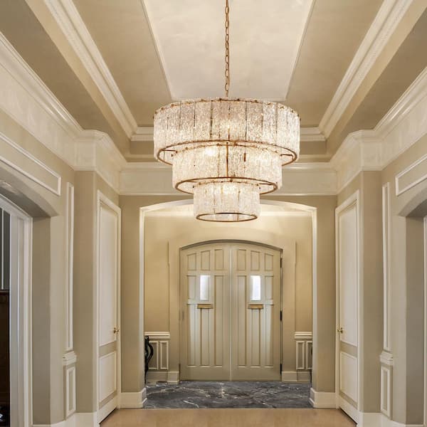 8-Light Distressed Gold 3-Tiered Chandelier Light Fixture with Glass Shade