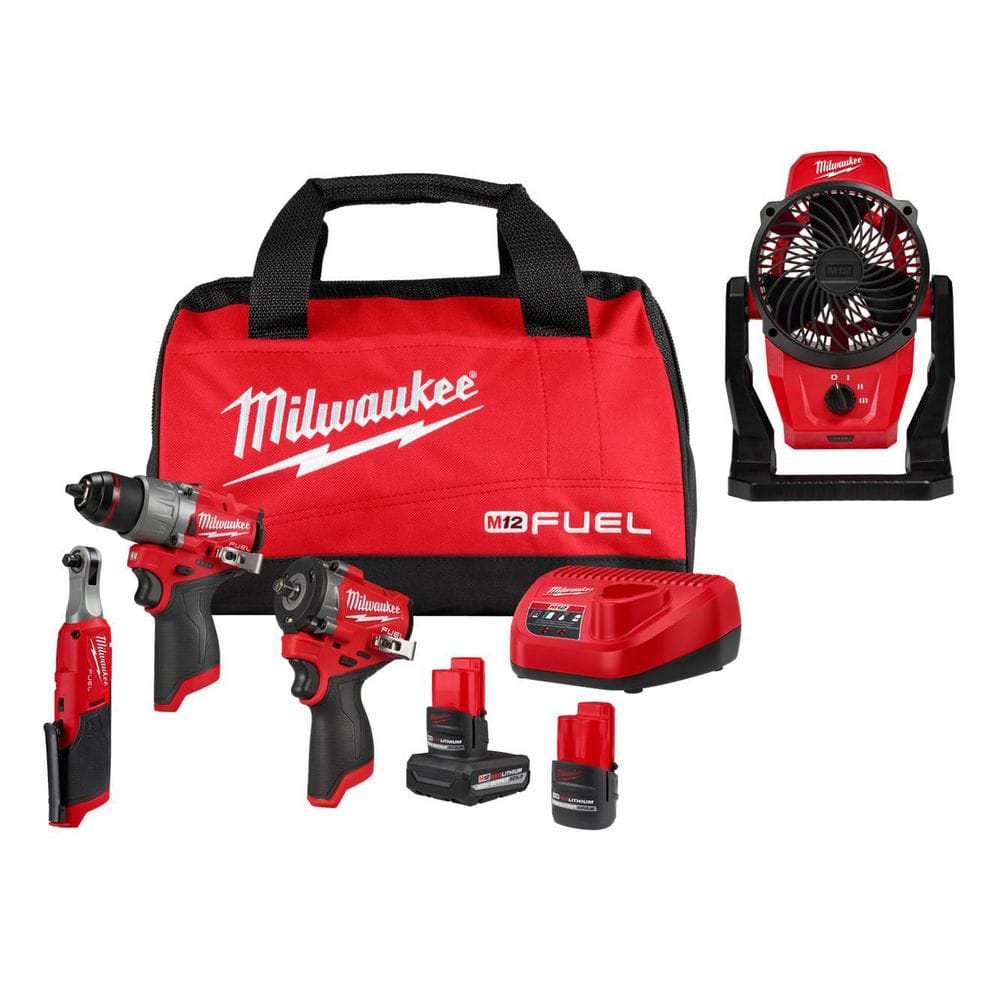 M12 FUEL 12V Lithium-Ion Cordless Drill Driver, Impact Wrench, and Ratchet Combo Kit w/Batteries, Charger, Bag, & Fan price history on PriceWatchPro